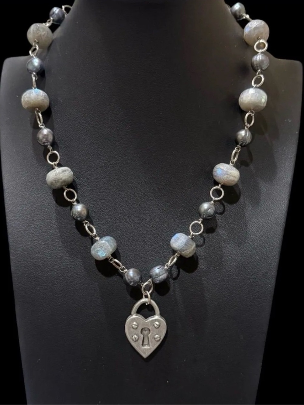 Handcrafted Iridescent Labradorite Baroque Pearl Heart Padlock Boho Necklace